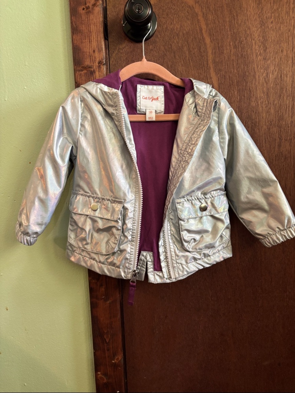 Cat & Jack Silver Metallic Hooded Jacket with Purple Lining - Kids